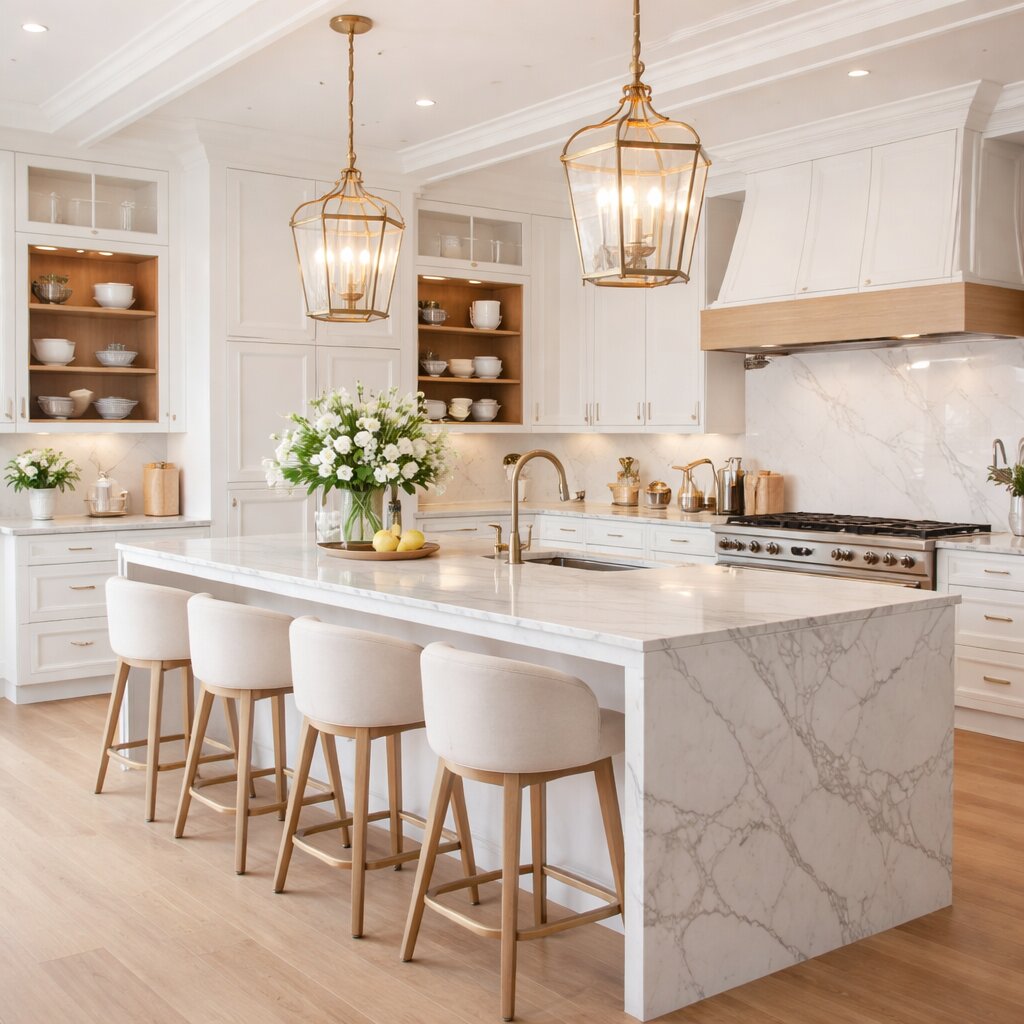Moderne Traumküche mit Marmor-Kochinsel